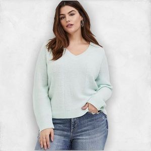 Torrid mint green v-neck sweater 1X midi length pullover mixed stitching size 1